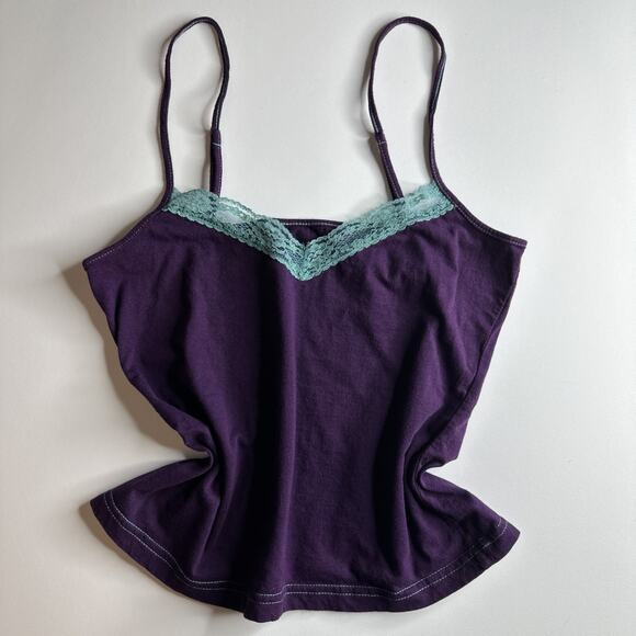Y2K Purple Aqua Lace Trim Cami Top Contrast Coquette Soft Girl Tank XS S - Picture 3 of 9